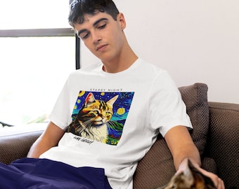 Vincent Van Gogh, Vincent Van Gogh T-Shirts, Starry Night by Vincent Van Gogh, Art Print Shirts, Starry Night Art with Cat, VAN Gogh Shirts