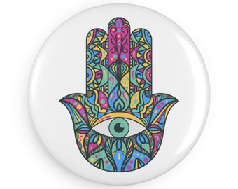 Hamsa Button Magnet Round, Evil Eye Protector, Mantra Protection, Evil Eye magnet, 2.25 inches round evil can be placed on magnetic surfaces
