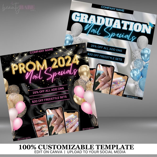 Prom flyer, Graduation flyer, Nail flyer, Nail tech, Nails, Beauty, Instagram flyer, Social media templates, Canva templates, Nail Specials