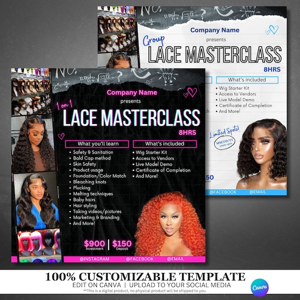 lace training, Wig training flyer, hair, Canva flyer, Instagram flyer, beauty, premade templates, lace class, wig class, one on one, group