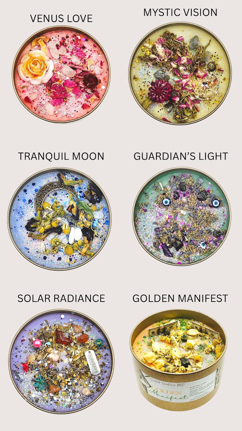 May include: Six candles with different themes and ingredients. The candles are in glass jars with gold lids. The themes are Venus Love, Mystic Vision, Tranquil Moon, Guardian's Light, Solar Radiance, and Golden Manifest.