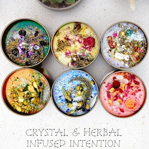 Kristall- och örtinfunderat intentionsljus, manifestation, vibrationer, ritualljus, meditationsljus, intentionsförstärkare, kokosnöt och aprikos