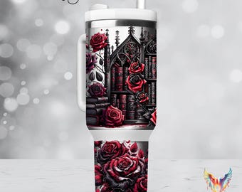 Gothic Library & Roses Tumbler 40oz | Dark Academia Book Mug | Fantasy Book Lover Gift | Cathedral Bookish Aesthetic Cup