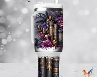 40 oz Bookish Tumbler with Roses & Vintage Books | Dark Feminine Reader Cup | Fantasy Book Lover Gift | Insulated Bookish Mug with Handle