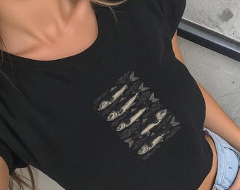 Sardines Tin Fish 90s Baby Tee For Women Trendy Crop Top Shirt Summer Coastal Grandma Fisherman Y2k Ocean Aesthetic