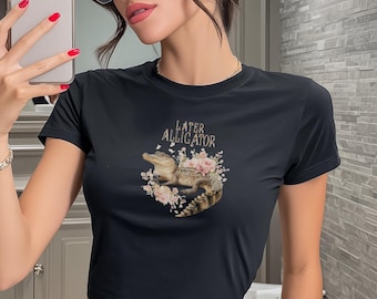 Later Alligator Floral Baby Tee, Boho Vintage Animal Graphic Cropped T-Shirt, Trendy Women's Flower Top, Retro Black Tee, Nature Gift Shirt