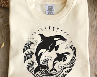 Orca Shirt, Comfort Colors Tee, Vintage Killer Whale Tshirt, Linocut Ocean Waves Shirt, Sealife Beach Summer Tee, Whale Lover Gift