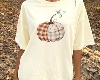 Pumpkin Shirt, Comfort Colors Faux Patchwork Pumpkin Tee, Checkered Quilt Pumpkin Graphic, Thanksgiving Fall Shirt