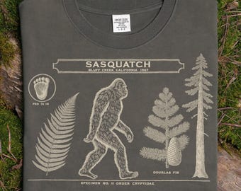 Sasquatch Shirt, Comfort Colors Bigfoot Tee, Vintage Naturalist Specimen Plate, Cryptid Shirt, Pacific Northwest Hiking Gift