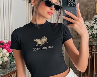 Later Alligator Baby Tee Shirt Watercolor Pink Floral Y2K Crop Top Soft Girl Aesthetic Coquette Vintage 90s Trendy Women Funny Saying Shirt