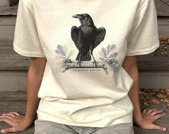 Common Raven Shirt, Comfort Colors Vintage Naturalist Crow Tee, Engraved Corvid Bird Plate, Gothic Cottagecore Gift