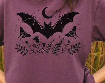 Vintage Bat Shirt, Comfort Colors Halloween Tee, Gothic Cottagecore Moth Moon Tshirt, Dark Academia Botanical Spooky Season Gift