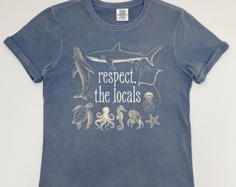 Respect The Locals Ocean Shirt, Comfort Colors Sea Life Tee, Vintage Shark Whale Turtle Engraving, Marine Biologist Beach Lover Gift