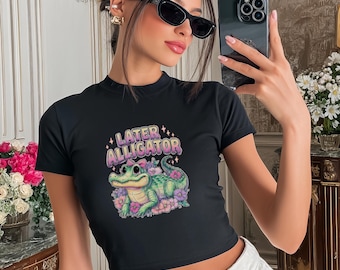 Later Alligator Neon Coquette Baby Tee, Kawaii Floral Cropped T-Shirt, Y2K Aesthetic Animal Graphic, Trendy Women’s Gift for Her Shirt