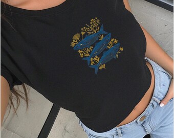 Sardines Tin Fish With Flowers 90s Baby Tee For Women Trendy Crop Top Shirt Summer Coastal Grandma Fisherman Y2k Ocean Aesthetic