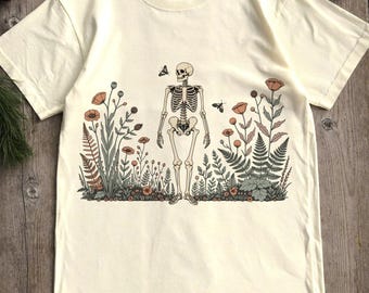 Skeleton Wildflower Shirt, Comfort Colors Halloween Tee, Cottagecore Botanical Spooky Season Tshirt, Vintage Floral Gift for Her