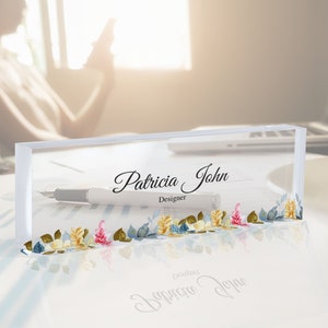 Custom Flower Name Plate, Acrylic Name Plate, Personalized Sign, New Office Decor, Gift for Promotion, Gift for Colleague, Gift for Boss