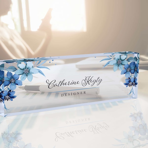 Personalized Blue Flower Name Plate, Marble Design Name Plate for Desk, Business Gift, Promotion Gift, Gift for Boss, Gift for Coworkers