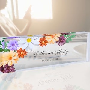 Flower Desk Name Plate, Personalized Sign Plaque, Executive Acrylic Name Plate, Office Decor, Handmade Gift, Gift for Teacher, Gift For Boss