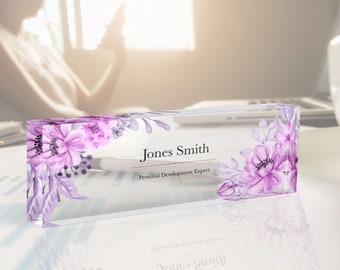 Custom Desk Name Plate, Purple Flowers Acrylic Name Plate, Personalized Sing, Name Plate for Desk, Desk Decor, New Job Gift, Gift for Friend