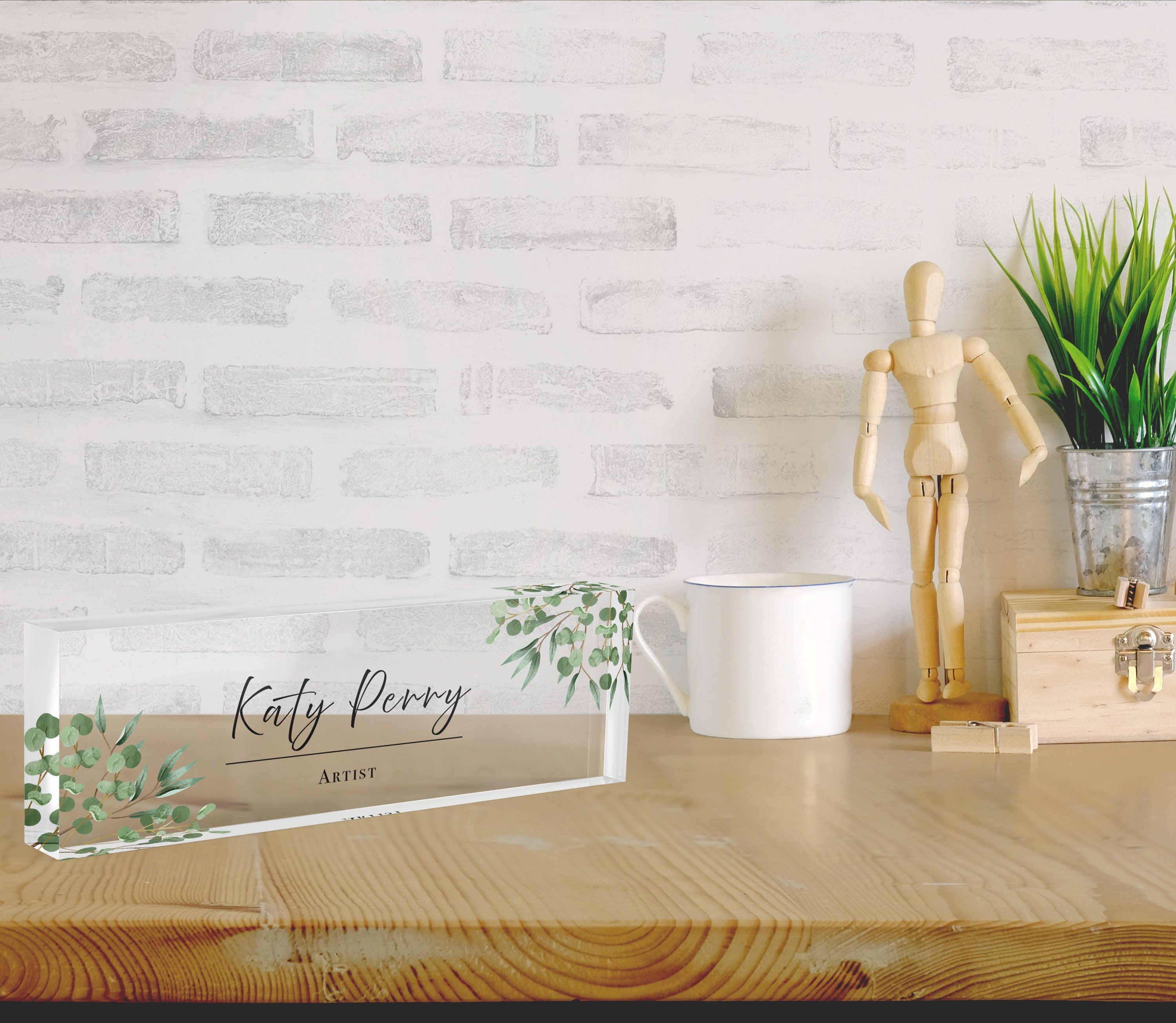 Green Leaf Desk Name Plate, Green Leaves on Clear Acrylic, Custom Name ...