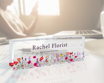 Flower Name Plate, Mixed Floral Design Name Plate, Acrylic Name Plate, Personalized Sign, Gift for Teacher, Gift for Her, Secreatery Gift