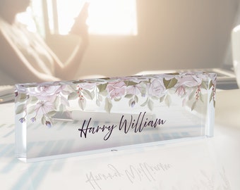 Custom Name on White Marble Design, Flower Desk Name Plate, Acrylic Name Plate, Personalized Sign, New Office Gift, Gift for Girlfriends