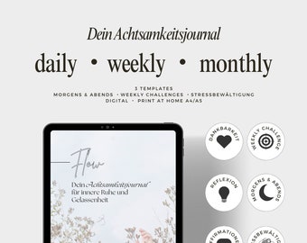 Mindfulnessdagboek/dagboek van 5 minuten in het Duits・Digitaal dagboek voor dankbaarheid, mindfulness en zelfliefde・Digitaal/ Print@home・A4/A5