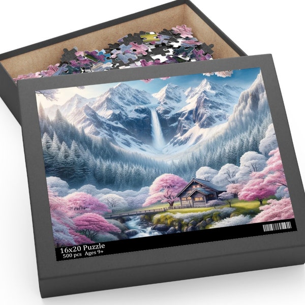 Snowflake and Sakura Cabin|| Jigsaw Puzzle | Snowy Peaks | Cherry Blossoms | Cabin in the Woods (252, 500-Piece)