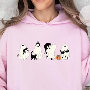 Cats and Ghost Halloween Pullover: Cute Animal Oversized T-Shirt, Custom Cozy Tee, Trick or Treat Shirt, Sweater Weather Party Sweatshirt