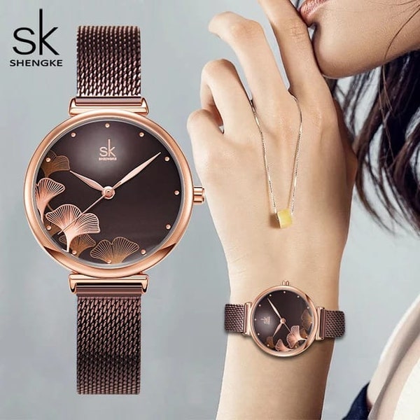Shengke Watch for Women Creative Brown Mesh Strap Women Japanese Quartz Reloj Mujer Fashion Designer Serise Montre Femme
