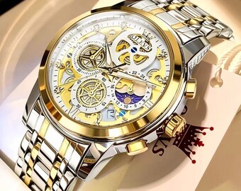 OLEVS Men's Watches Top Brand Luxury Original Waterproof Quartz Watch Man Gold Skeleton Style 24 Hours Day Night New