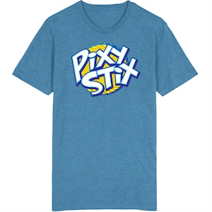 May include: A light blue t-shirt with the text "Pixy Stix" in a white, blue, and yellow design. The shirt has short sleeves and a crew neck. The graphic is centered on the front of the shirt.