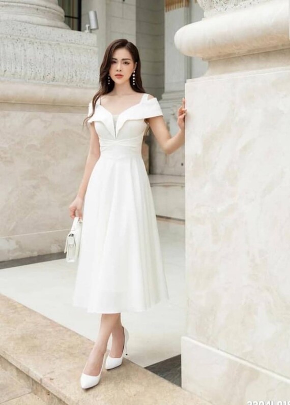 Ivory Off Shoulder Tea Length Dress, Elegant Formal Wedding Guest Gown