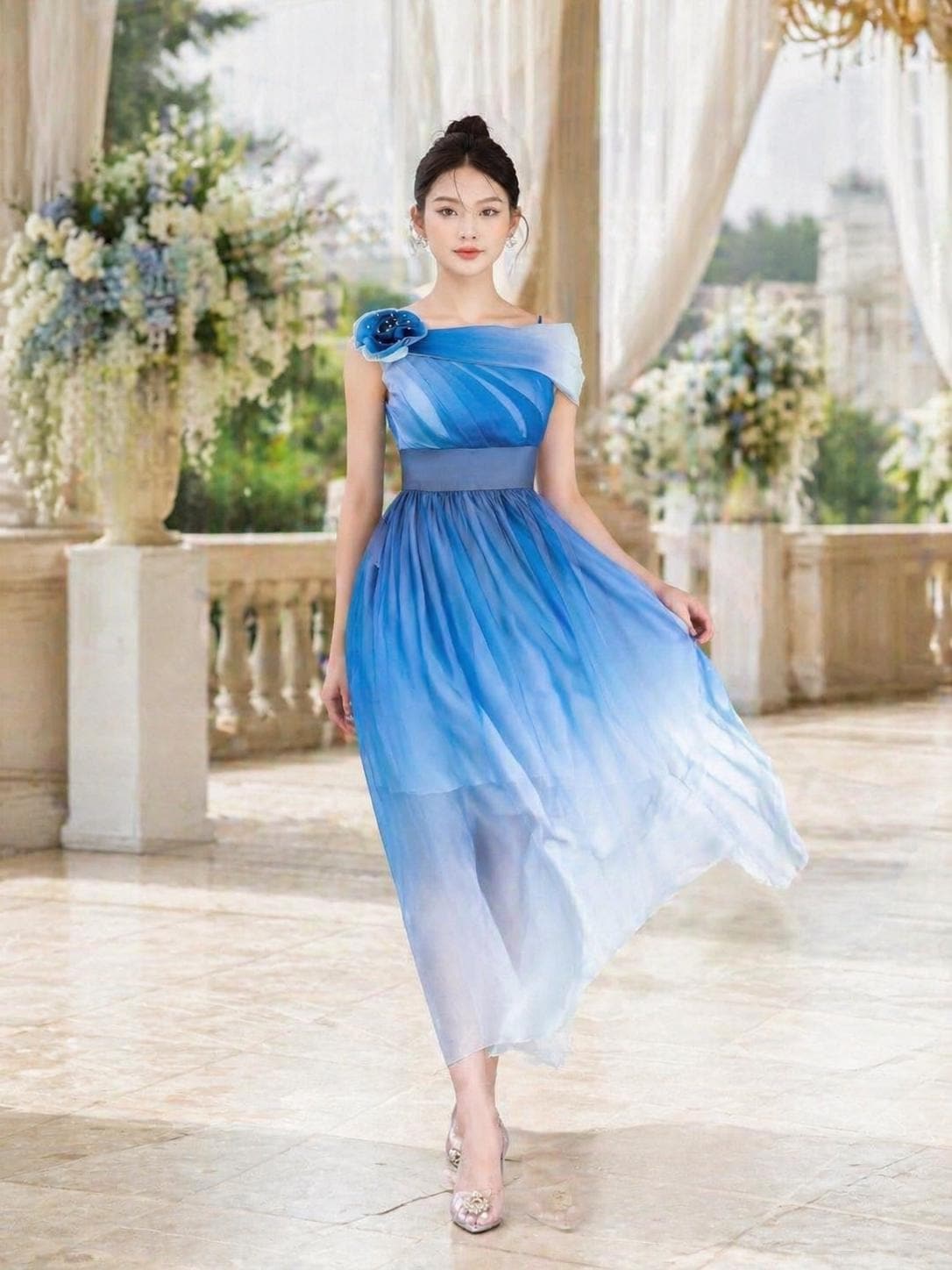 royal blue ombre bridesmaid dress Ombre Blue Chiffon Evening Dress, One Shoulder Formal Gown, Wedding Guest  Dress, Bridesmaid Dress, Mother of Bride Dress