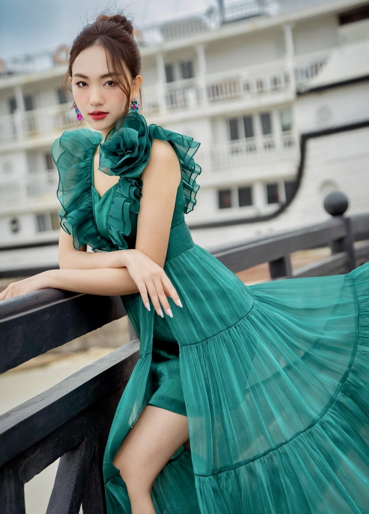 Green Organza Maxi Dress, V-Neck, Floral Party Dress