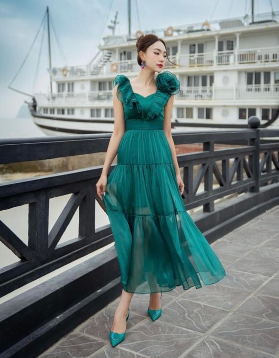 Green Organza Dress Garden Dress Flowy Dress Bridal Shower Dress Office Dress Perfect for Semi Formal Occasions or Beach Wedding Etsy UK