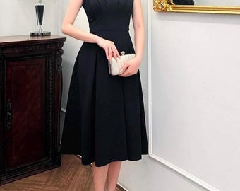 Black Tea Length Dress, Crepe and Mikado Fabric, Elegant Occasion Wear