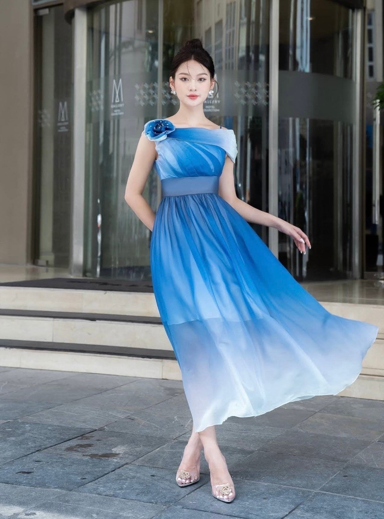 Ombré Blue Dress, One Side off the Shoulder; Chiffon Flowy Ombré Blue Dress, One Side off the Shoulder; Chiffon Flowy