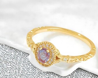 Alexandrite Gold Ring | 925 Sterling Silver Gold | Alexandrite Engagement Ring | Dainty Ring | Promise Ring.
