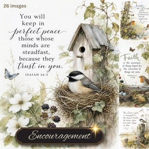 May include: A collection of 26 digital images featuring watercolor illustrations of birds, nests, and botanical elements. Each image includes religious scripture text such as Isaiah 26:3, alongside depictions of chickadees, robins, and butterflies.