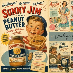 May include: A collection of vintage-style advertisements featuring Sunny Jim peanut butter, an apron, Frosty Fare frozen meals, Old Harbor pipe tobacco, and Brilliant shoe polish. The graphics include illustrations of people, food, and text.
