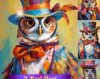 Colorful Owl Portrait Clip Art, Junk Journal Ephemera (Digital Download)