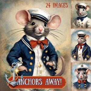 May include: A collage of nine images featuring a cartoon mouse dressed in a sailor outfit. The mouse is wearing a blue and white striped sailor shirt, a red bow tie, and a blue sailor hat. The mouse is holding a rope in its right paw and has an anchor in its left paw. The text "Anchors Away!" is written below the mouse. The collage is made up of nine different images of the mouse in different poses.