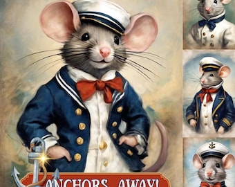 Imágenes prediseñadas de ratones náuticos, imágenes para álbumes de recortes de marineros (descarga digital)