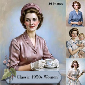 1950年代の女性ファッショングラフィック、ヴィンテージスタイルのクリップアート（デジタルダウンロード）