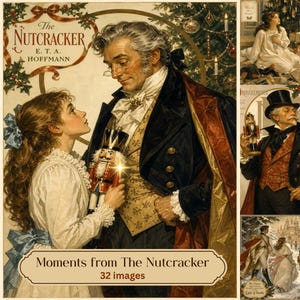 May include: A collection of 32 images titled The Nutcracker by E.T.A. Hoffmann, featuring illustrations of a young person holding a nutcracker doll, a man in a top hat, a ballerina in a pink tutu, and a mouse king, all set against festive holiday scenes.
