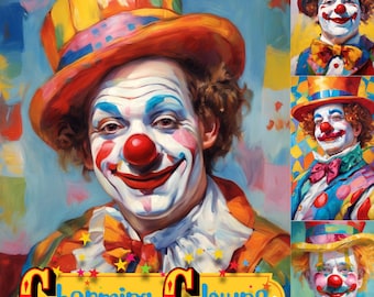 May include: A collection of clown portraits with colorful makeup, red noses, and vibrant hats. The image includes the text "Charming Clowns" and "35 images". The clowns wear bow ties and patterned clothing, set against a colorful background.