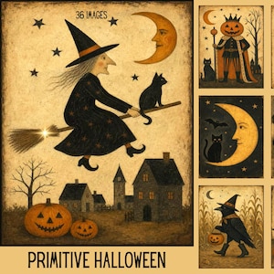 May include: A collection of 36 digital Halloween illustrations featuring a witch on a broomstick, a pumpkin-headed figure, a devil, a crescent moon, black cats, and children in costumes with the text 36 IMAGES and PRIMITIVE HALLOWEEN.