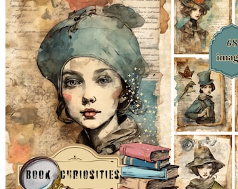 Book Whimsy Junk Journal Images, Storybook Whimsy Images, Whimsical Junk journal images, Book Lovers Scrapbook images - Book Curiosities